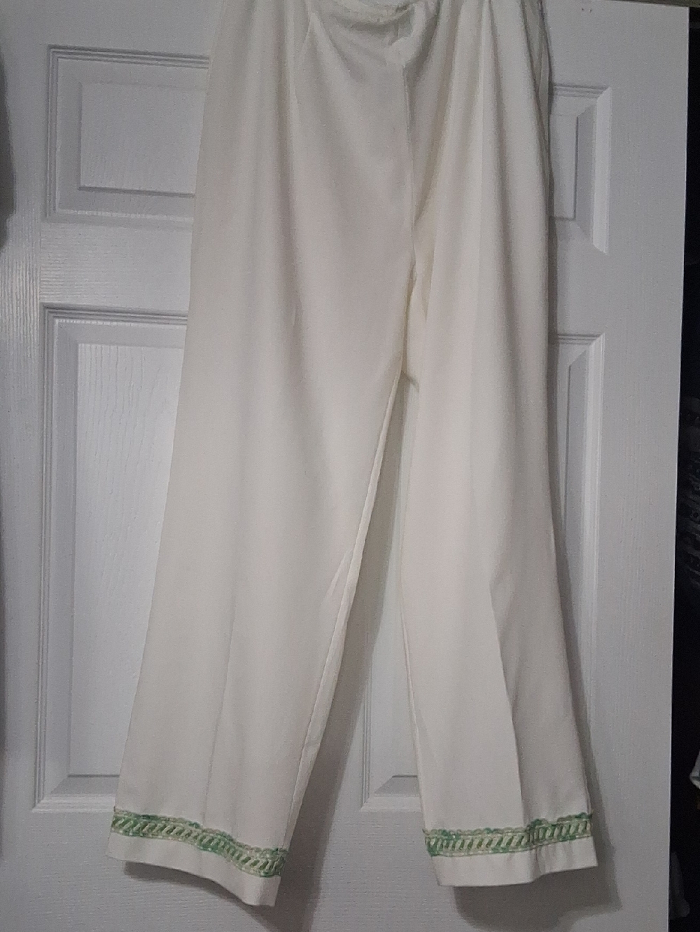 Bob Mackie Cream Wide-Leg Pants with Green Braided Trim.Side Zipper.sz 1X. $46